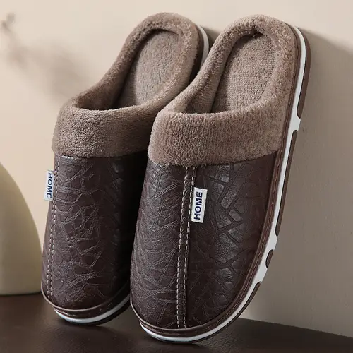 Mens Winter Slippers PU Leather Waterproof Indoor House Shoes Big Size Warm Fur Lined Home Bedroom Slippers - Image 3