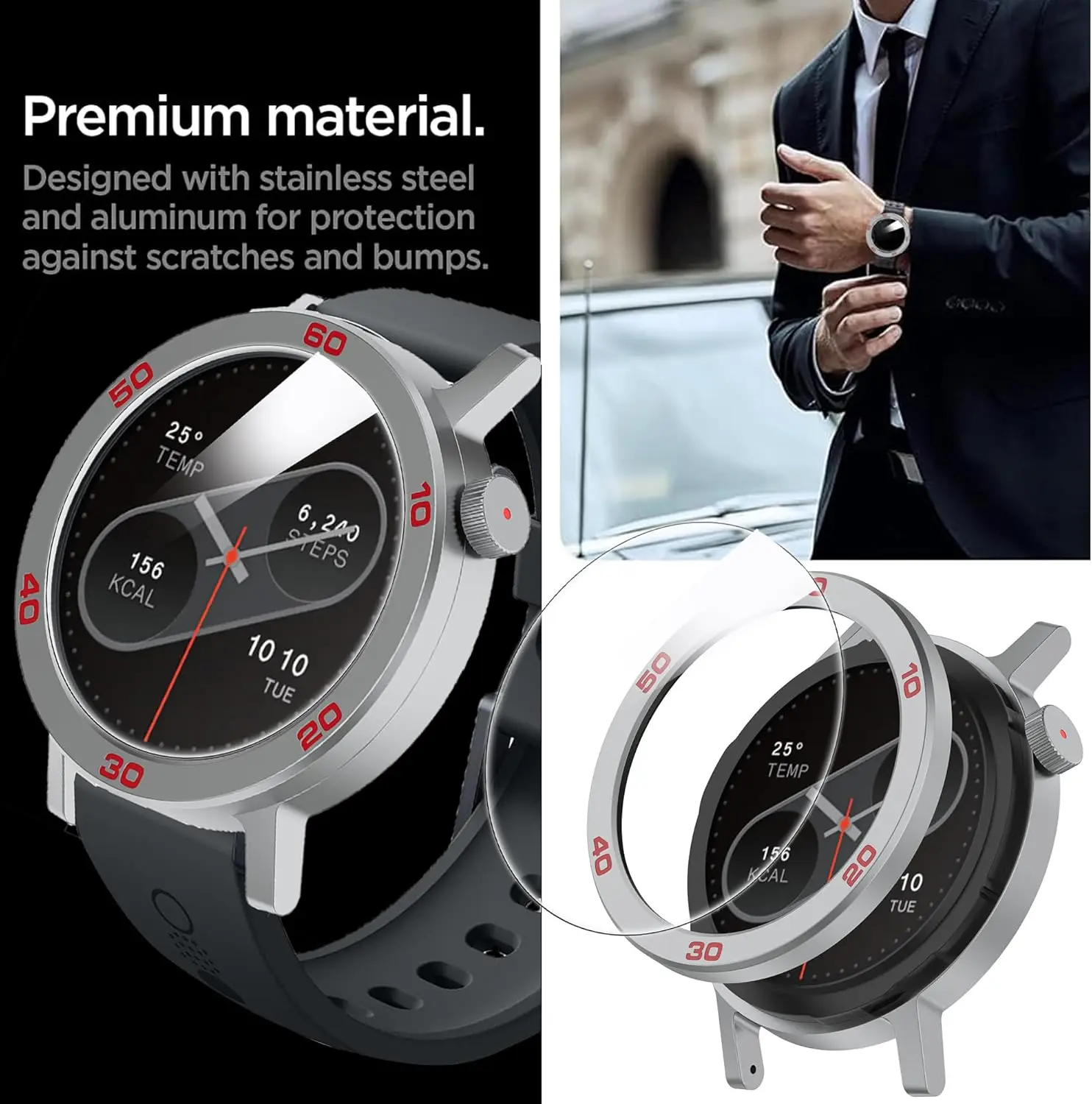 Enhanced Metal Bezel Ring with Tempered Glass Film for Smartwatch Protection