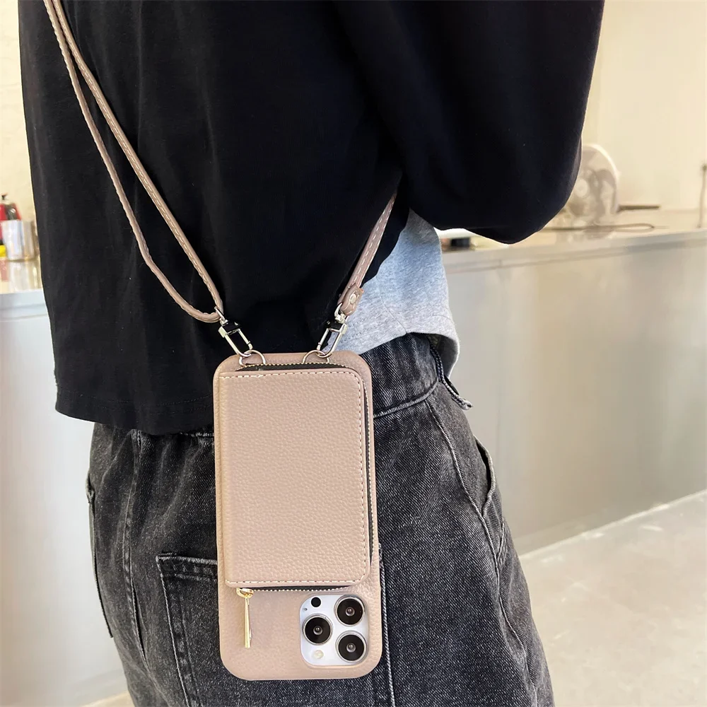 Leather Zipper Wallet Crossbody Phone Case with Card Slot and Shoulder Lanyard