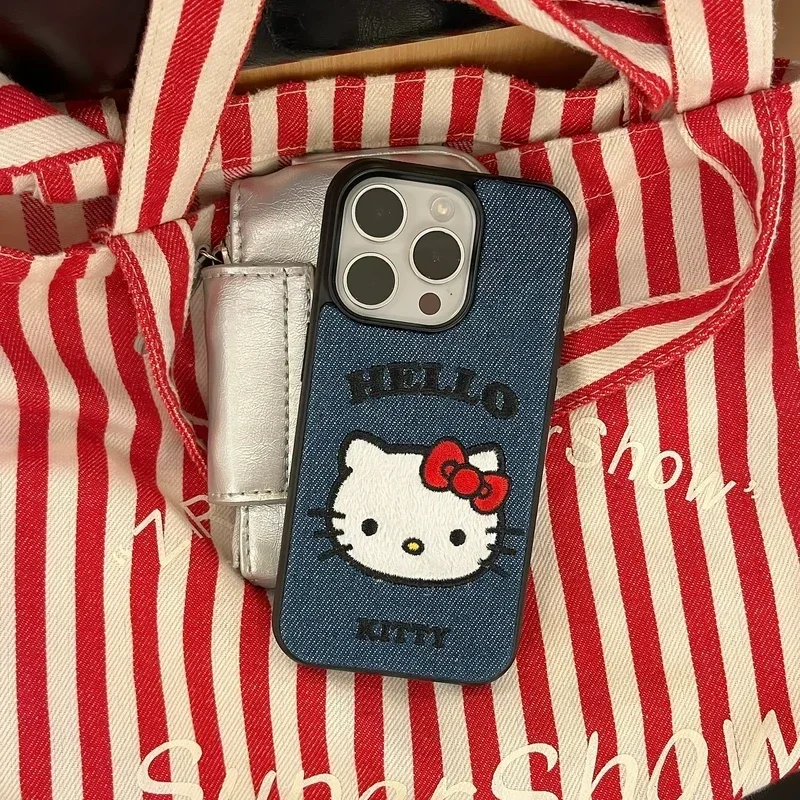 Cute Cartoon Sanrio Hello Kitty Warm Winter Denim Fabric Leather