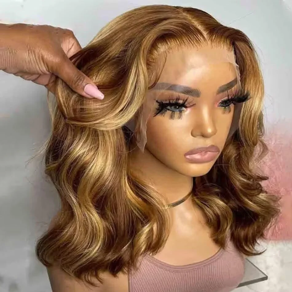 Honey Blonde Bob Wig Human Hair 14 Inch 13x4 Body Wave 4/27 Highlight Ombre HD Lace Front Wigs Human Hair Pre Plucked Glueless Lace Frontal Bob Wigs for Women Colored Wig 1