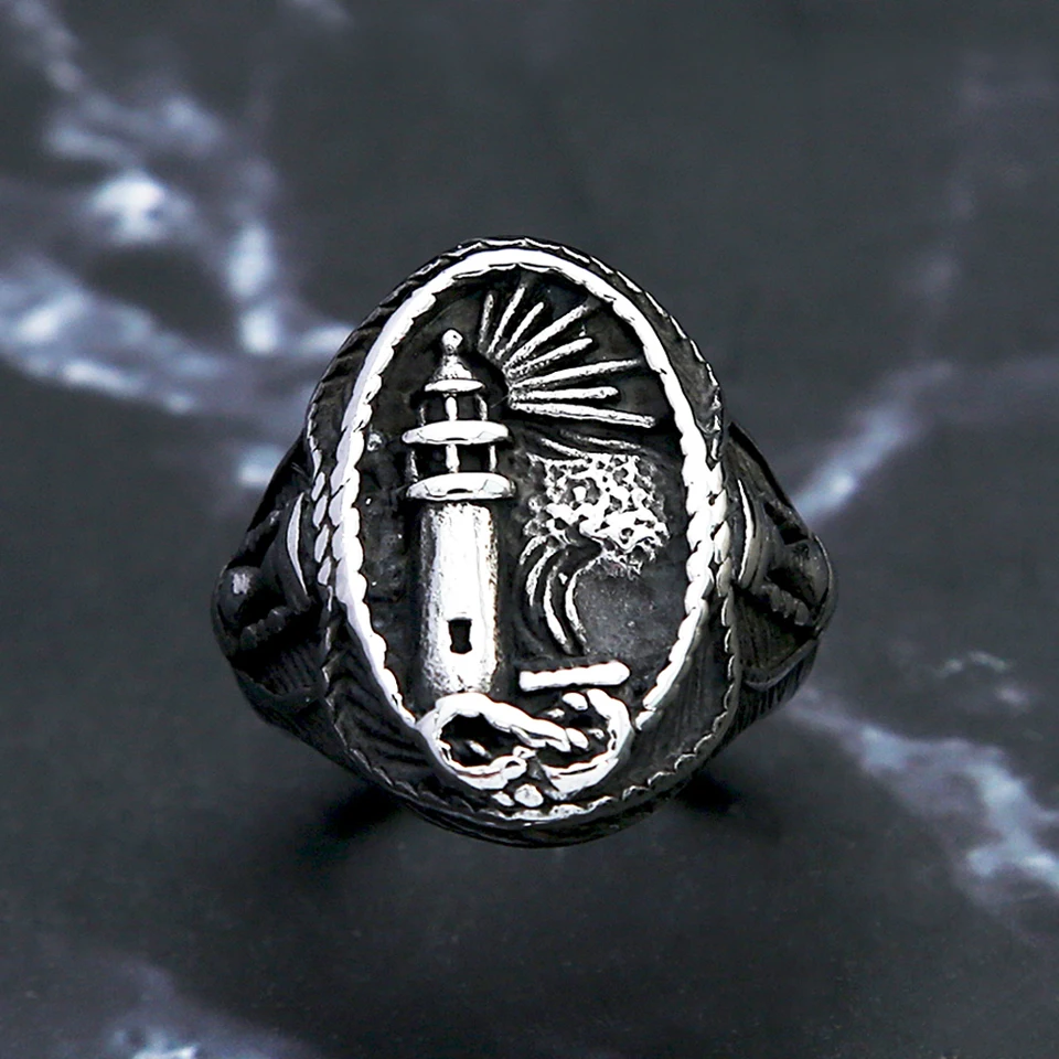 HIJONES Men's Stainless Steel Lighthouse Signet Ring - Nautical Vintage Statement Wedding Band 4 thumbnail image