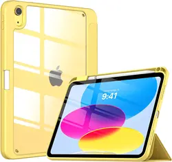 Hybrid Slim Tri-fold Stand Protective Case with Pencil Holder and Clear Back for iPad 10th (Light Yellow)