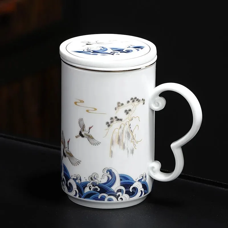 Hand-painted Landscape Pattern Series Tea Water Separating Ceramic Office goat fat Jade Porcelain Belt Cover Filter Mug, Tea Cup