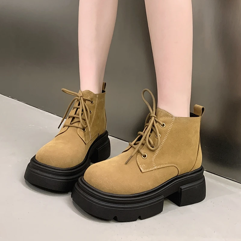 Ladies Shoes High Quality Lace Up Women's Boots Autumn British Style Suede Round Toe Solid Short Barrel Platform Fashion Boots