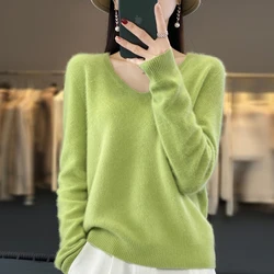 100% Wool Cashmere Sweater Women's 2023 Autumn/Winter New V-neck Knitted Pullover Solid Color Long Sleeve Soft Comfortable Top