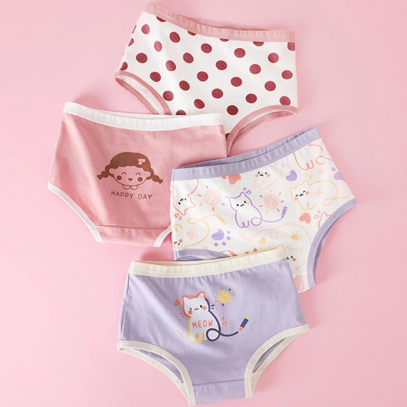 

4PCS Girl Soft Cotton Antibacterial Panties Kid Cute Cartoon Print Knickers Thin Breathable Briefs 3+y Young Children Underwears