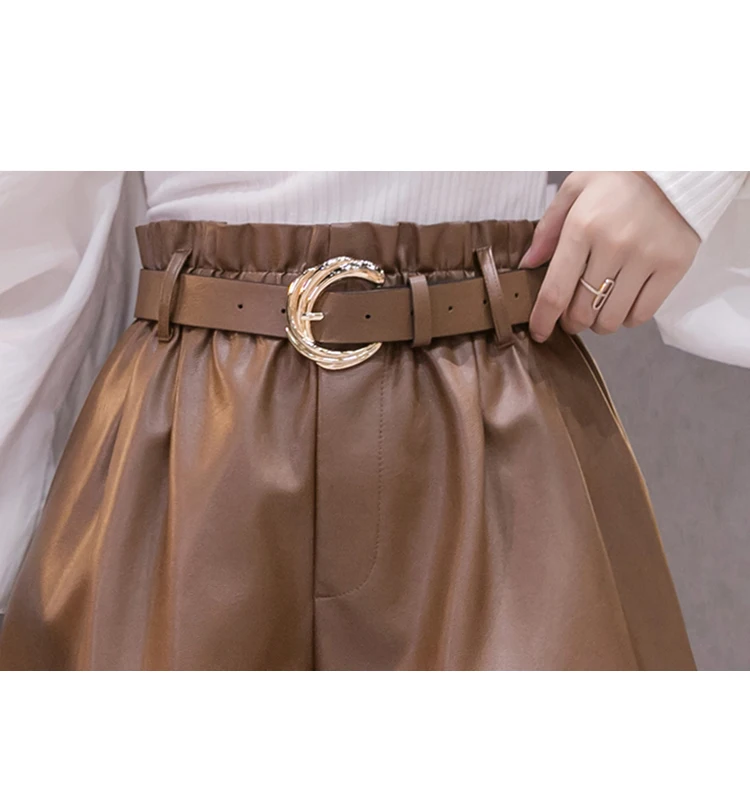 Korean Fashion PU Leather Elastic High Waist Biker Shorts Women Elegant A-Line Wide Leg Faux Leather Shorts Fall Winter Bottoms bike shorts