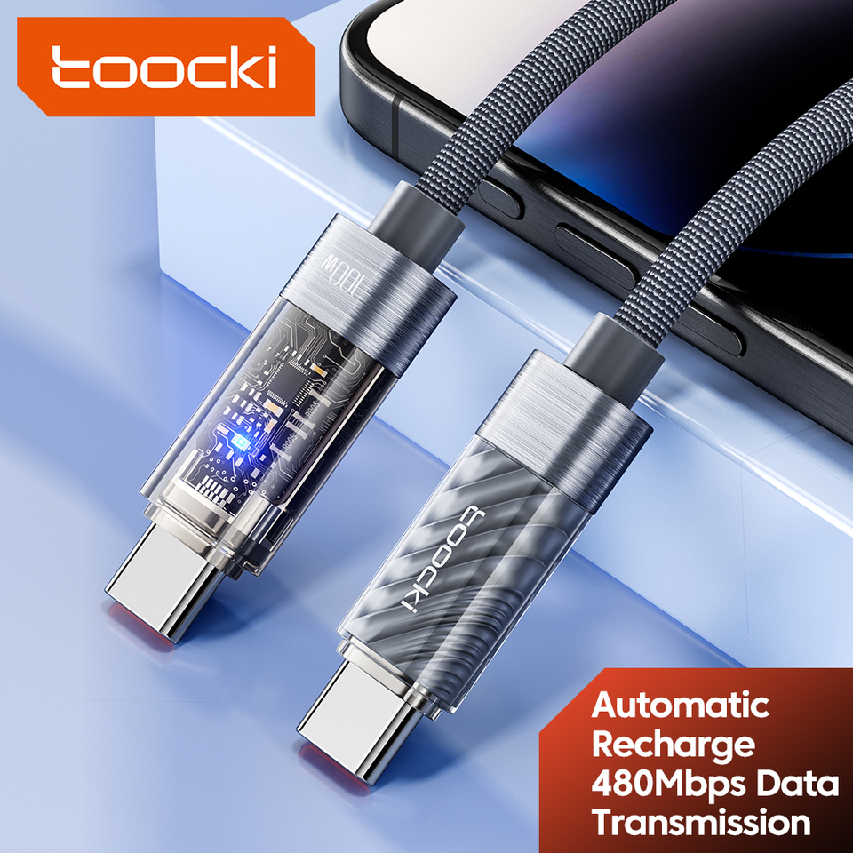 Toocki PD 100W Automatic Power Off Type C Cable 5A Fast ChargingUSB C Transparent Cable For iPhone 15 Pro Max Xiaomi Samsung S23