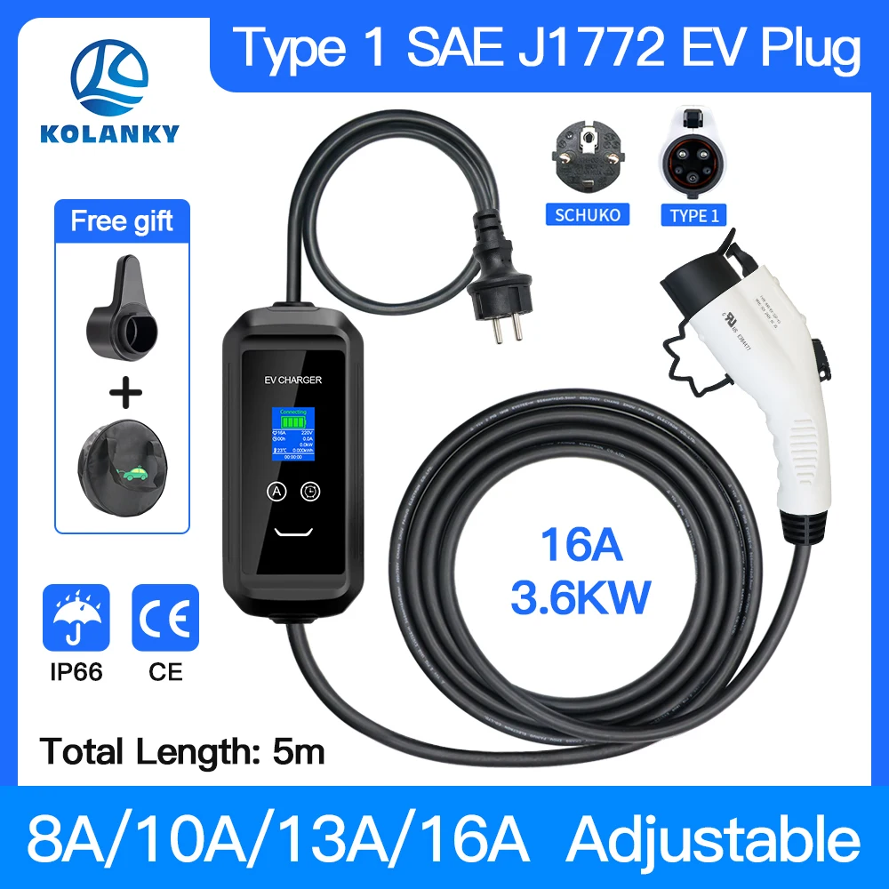 Portable Car EV Charger 16A 3.5 KW Type 1 SAE J1772 AC Charging For Eletric Vehicle PHEV Hybrid EVSE Equipment Cable 5M цена и фото
