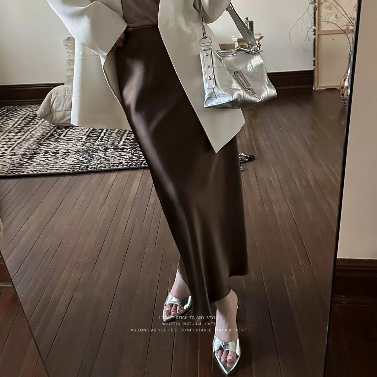 2024 spring Luxury Satin Midi Long Women's Skirt Elastic Waist Solid Color Split Skirt Casual Elegant Women Party A-Line Skirts 6