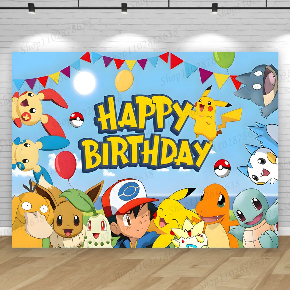 thumbnail image 1 of Fondo de Pokémon, pancarta de feliz cumpleaños, decoración de Pikachu para niños, baby shower, monstruo de bolsillo, accesorios de fondo de anime, póster, 1 of 5