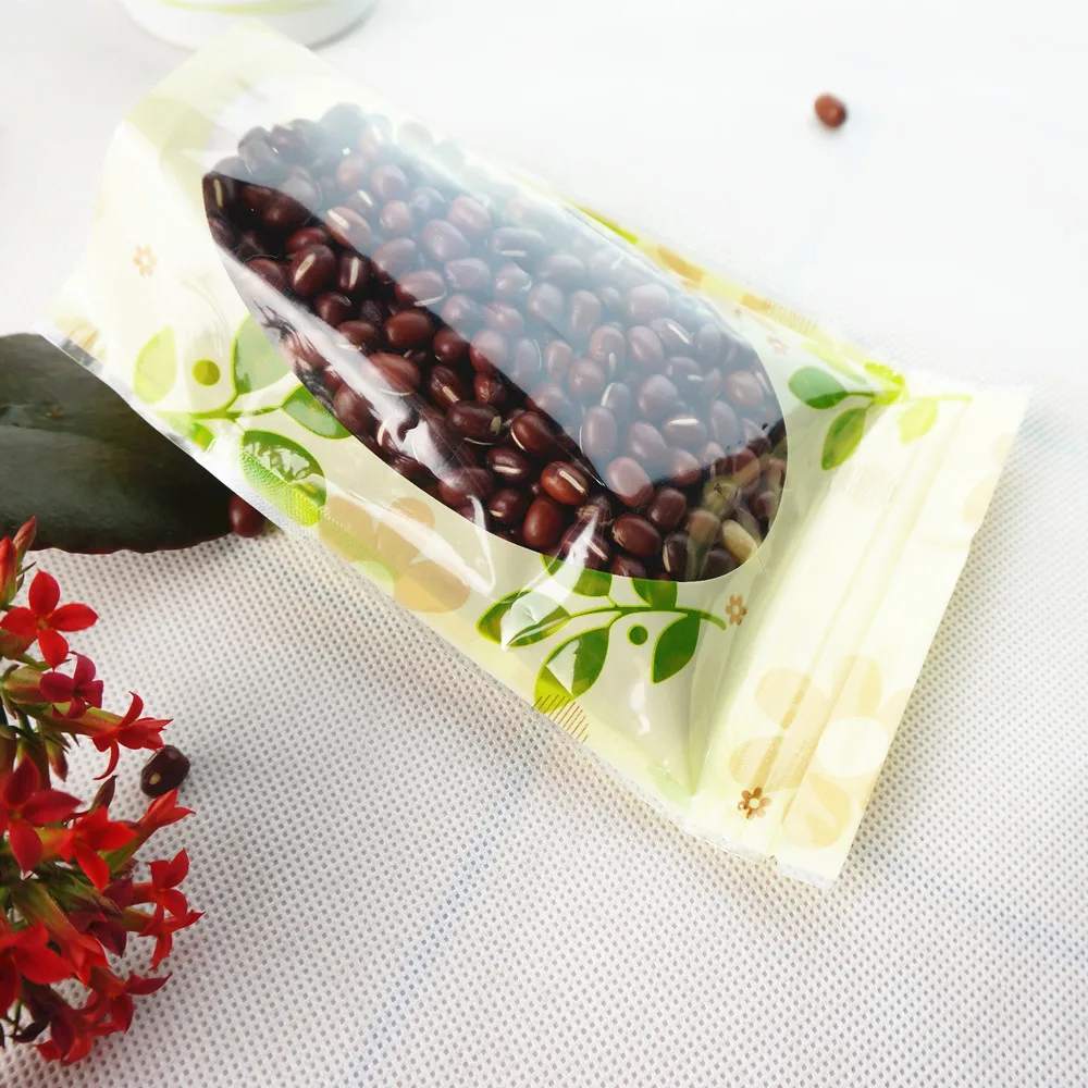 100pcs Green Fancy Printing Standing Up Zip Lock Bags with Clear Window - Stand Plastic Pouch with Leaf Design Print Candy Pack 6