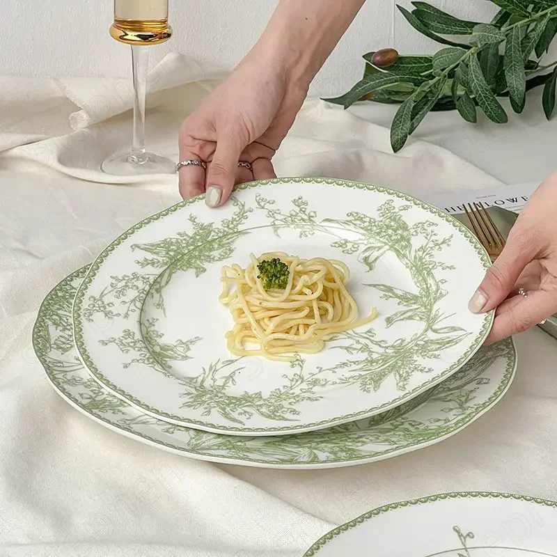 Assiette &agrave; steak et p&acirc;tes en porcelaine, assiettes quePlates, muguet vert &eacute;meraude, am&eacute;ricain, moderne, th&eacute; de l'apr&egrave;s-midi, g&acirc;t