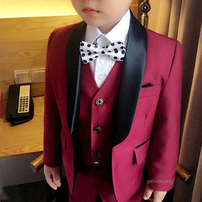 Flower Boys Burgundy Wedding Suit Kid Photograph Set Teenager Birthday Party 3PCS Tuxedo Dress Children Graduation Stage Costume
