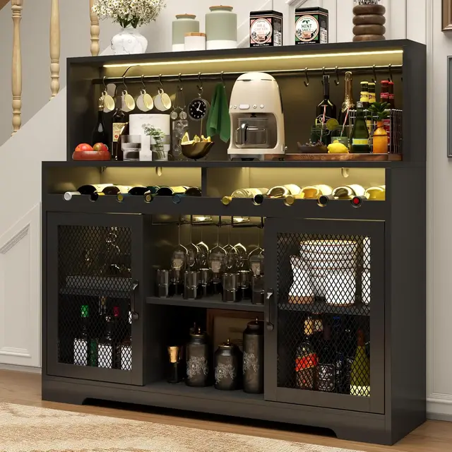 Wine Bar Cabinet with LED Light, Liquor Cabinet with Glass Holder,Storage with Wine Racks,Wine Cabinet with Mesh Door (Black)