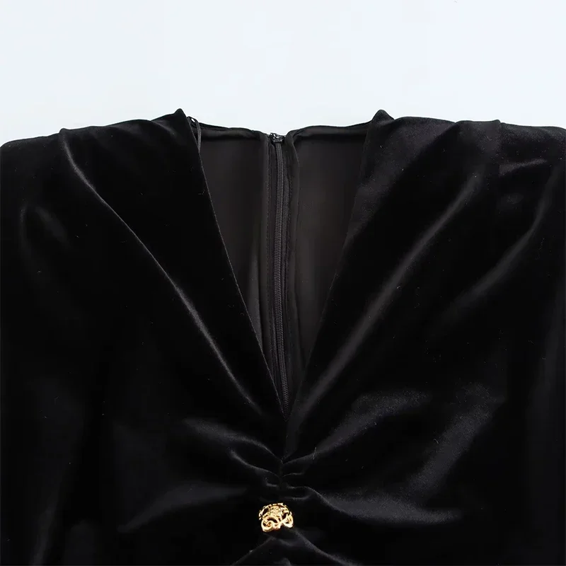 Vestido largo vintage de terciopelo con escote en V para mujer, elegante, sin mangas, plisado, con botones de metal, cintura alta, para fiesta, 2025, vestido de noche para mujer