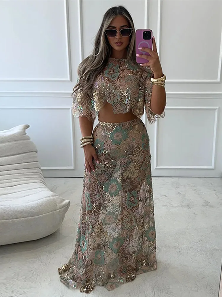 Printed See Through Women's Skirt Suit O-neck Lace Up Patchwork Half Sleeve  Crop Top High Waist Skirts Sets Summer Beach Outfits - AliExpress 200000345