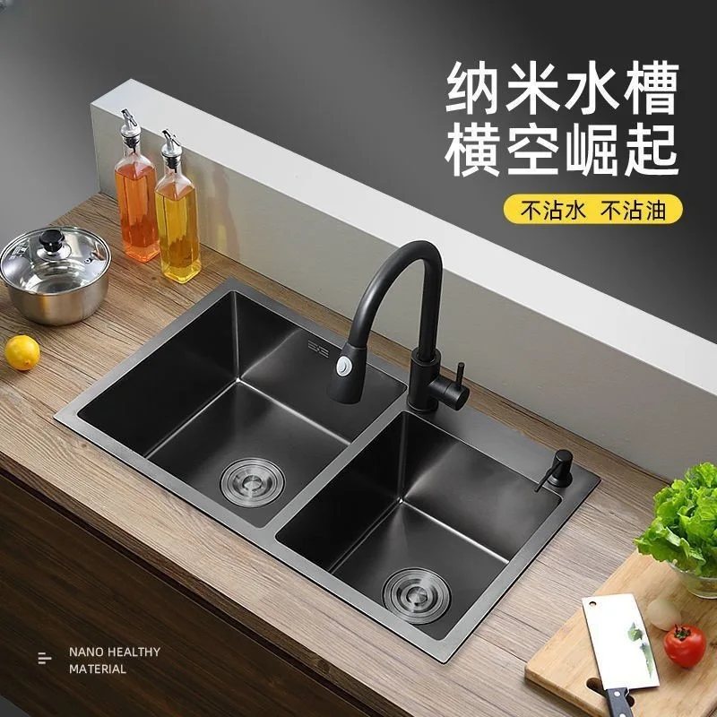 Nano Kitchen Sink Double Sink Thickened 304 Stainless Steel Black Household Vegetable Basin Manual Dishwashing Single Basin Sink