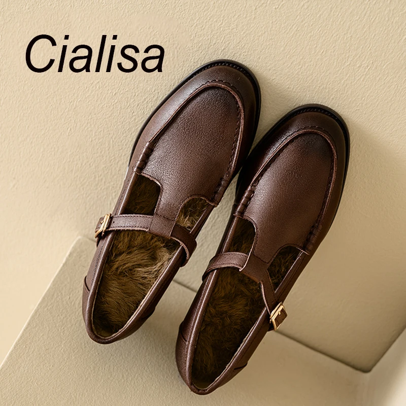 

Cialisa Autumn Winter Real Leather Women Shoes Round Toe Pumps Vintage Brown Handmade Daily Buckle Strap Mid Heels Lady Footwear