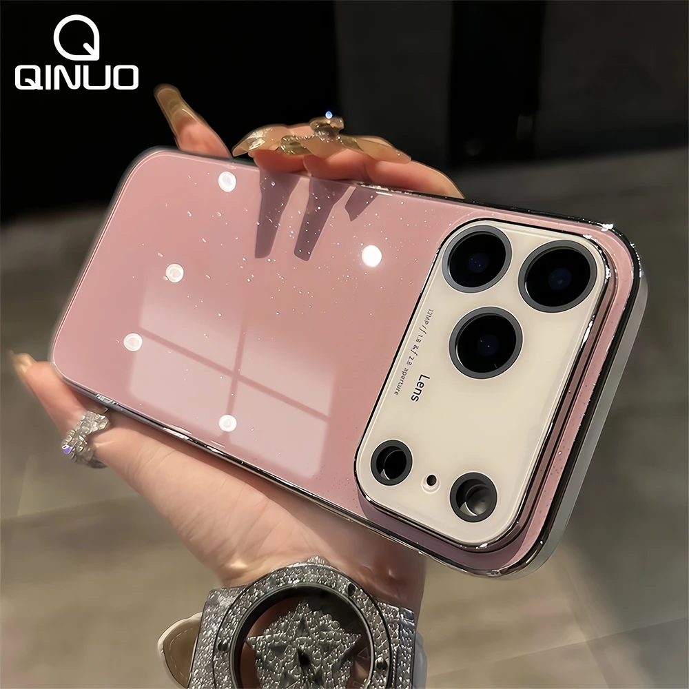Luxury Shiny Glitter Glossy Glass Phone Case with Plating Lens Protector and Shockproof Design