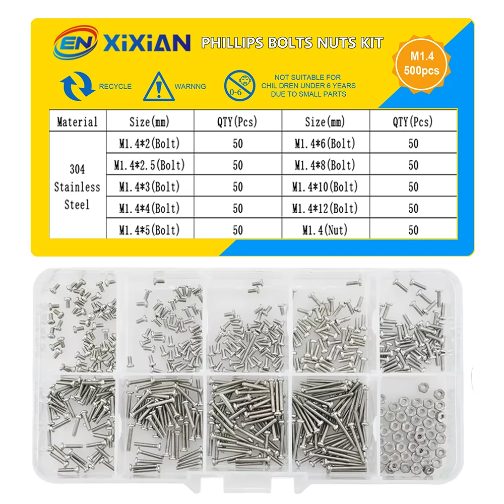 Stainless Steel Screws Screw Bolt Nut Set Screw Washer Nut Kit Small Screws Stainless Steel Glasses Watch Screw Nuts Set M1 M1.2 M1.4 M1.6 Phillips Cross Round Head Motherboard PCB Bolts Kit