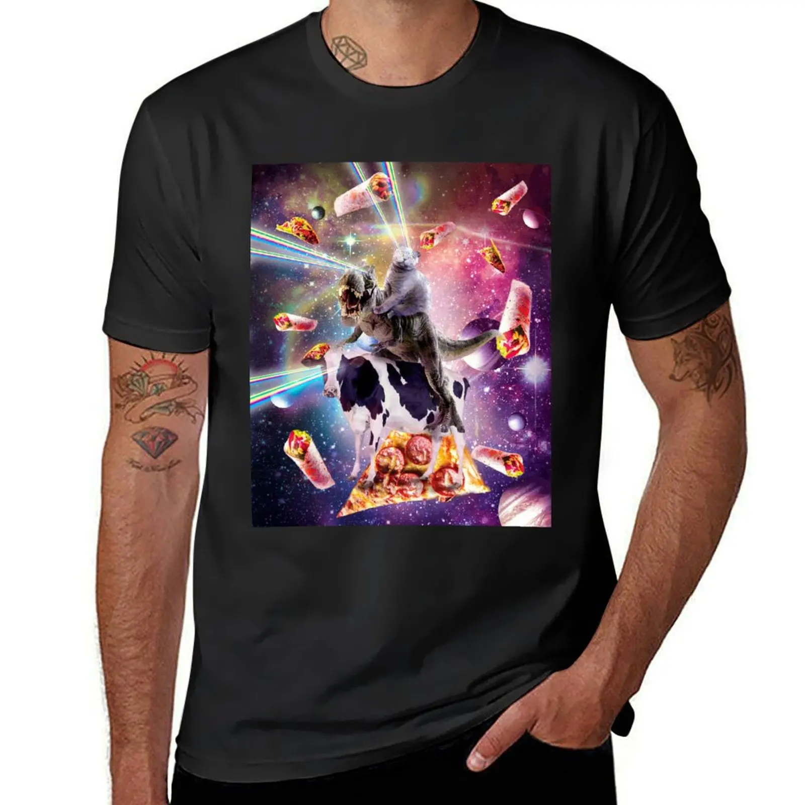Laser Eyes Space Cat On Dinosaur Cow - Rainbow T-Shirt blacks quick drying boys animal print boys whites sweat shirts, men