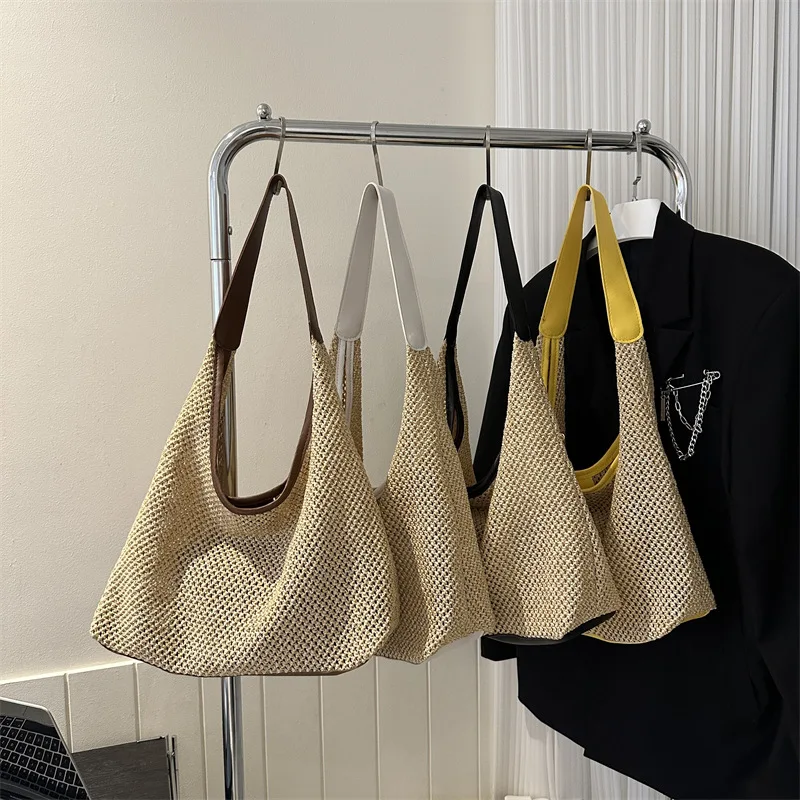 New Summer Women's Bag Large Capacity Shoudler Bag 2pc Straw Travel Vacation Beach Bag Hollow Out Simple Tote Bag