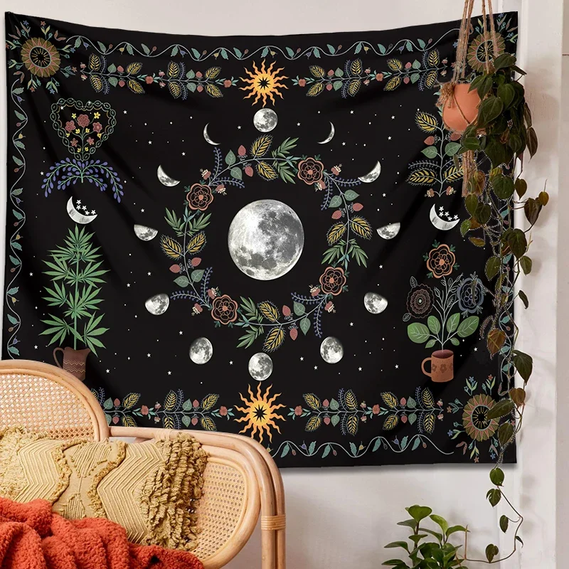 Moon phase Floral Tapestry Wall Hanging for Home Decor