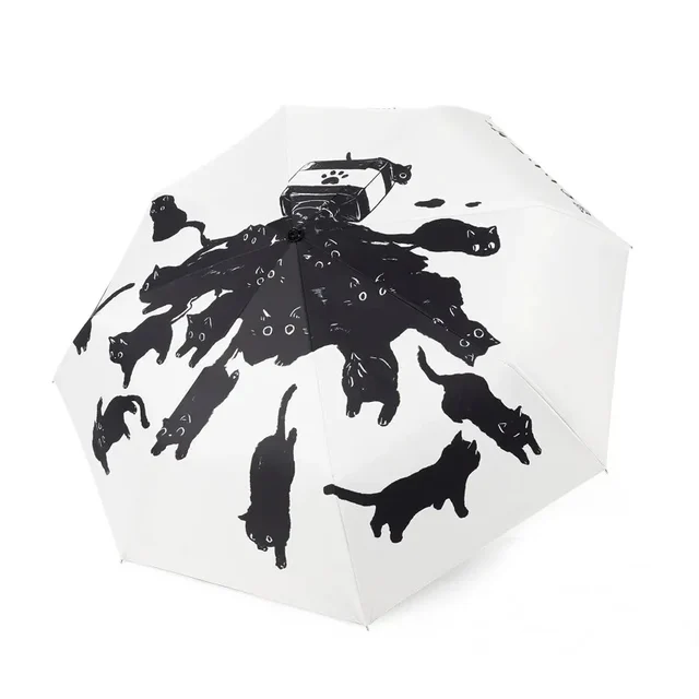 여성용 만화 고양이 패턴 자동 비 우산, 비닐 코팅 비 및 태양 우산, 어린이 접이식 자외선 차단 쉐이드