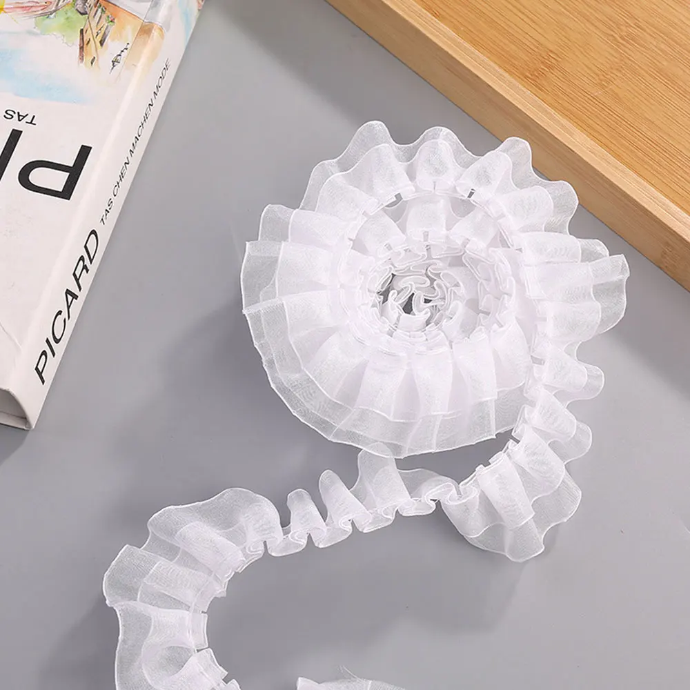 5 Yard 2-Layer Quality Pleated Organza Lace Edge Gathered Trim Ribbon 6 Cm Width Vintage White Edging Trimmings Fabric Embroidered Applique Sewing Craft Wedding Dress DIY Decor Clothes Embellishment