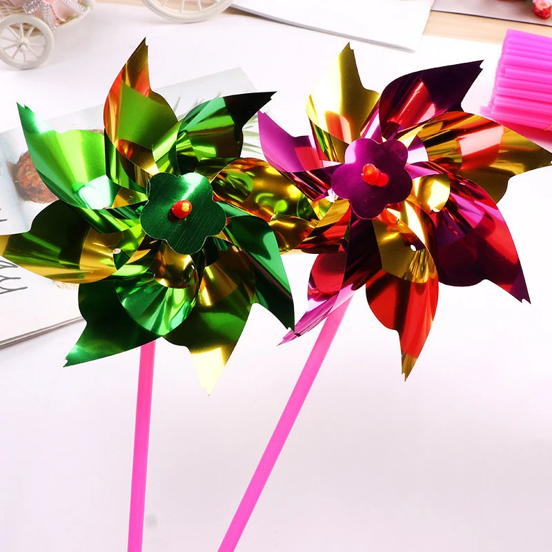 100Pcs Plastic Windmill Rainbow Pinwheel Wind Spinner Garden Yard Lawn Party DIY Decor Set Kids Outdoor Toys Gifts Random Color