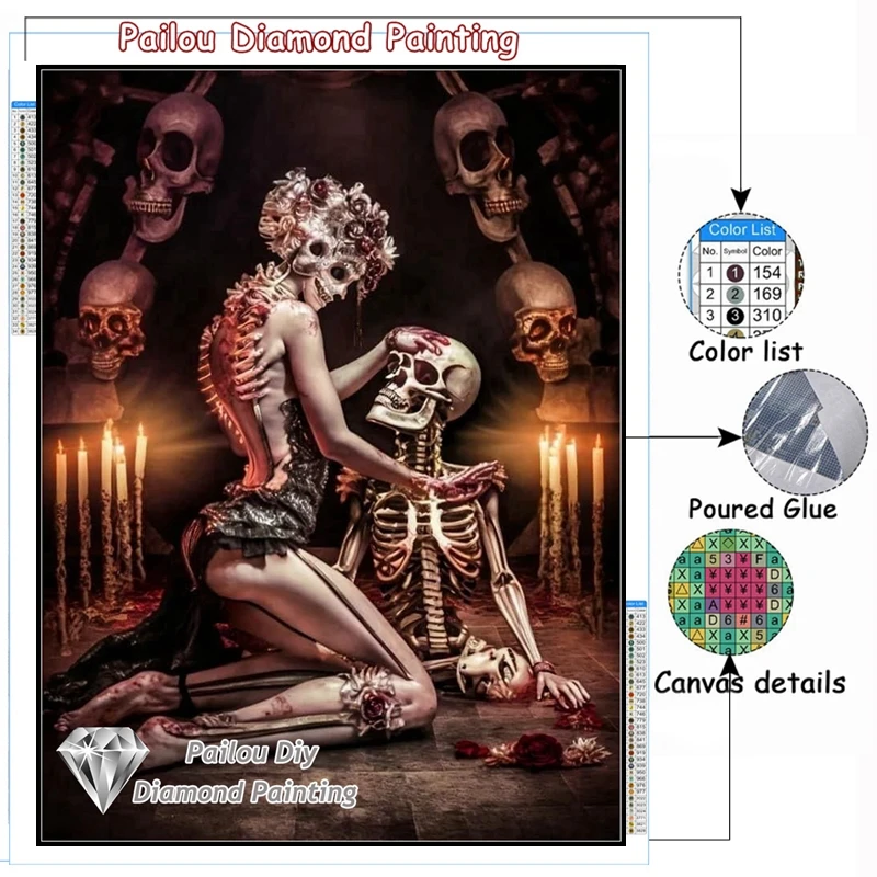 Diamond Painting Kit Squelette Crâne,Peinture Diamant Strass Complet,Point De Croix Kit Par