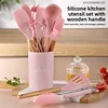 12PCS Silicone Kitchenware Non-Stick Cookware Kitchen Utensils Set Spatula Shovel Egg Beaters Wooden Handle Cooking Tool Set