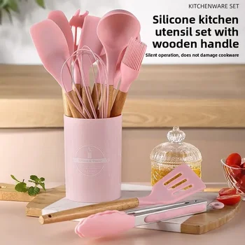 12PCS Silicone Kitchenware Non-Stick Cookware Kitchen Utensils Set Spatula Shovel Egg Beaters Wooden Handle Cooking Tool Set