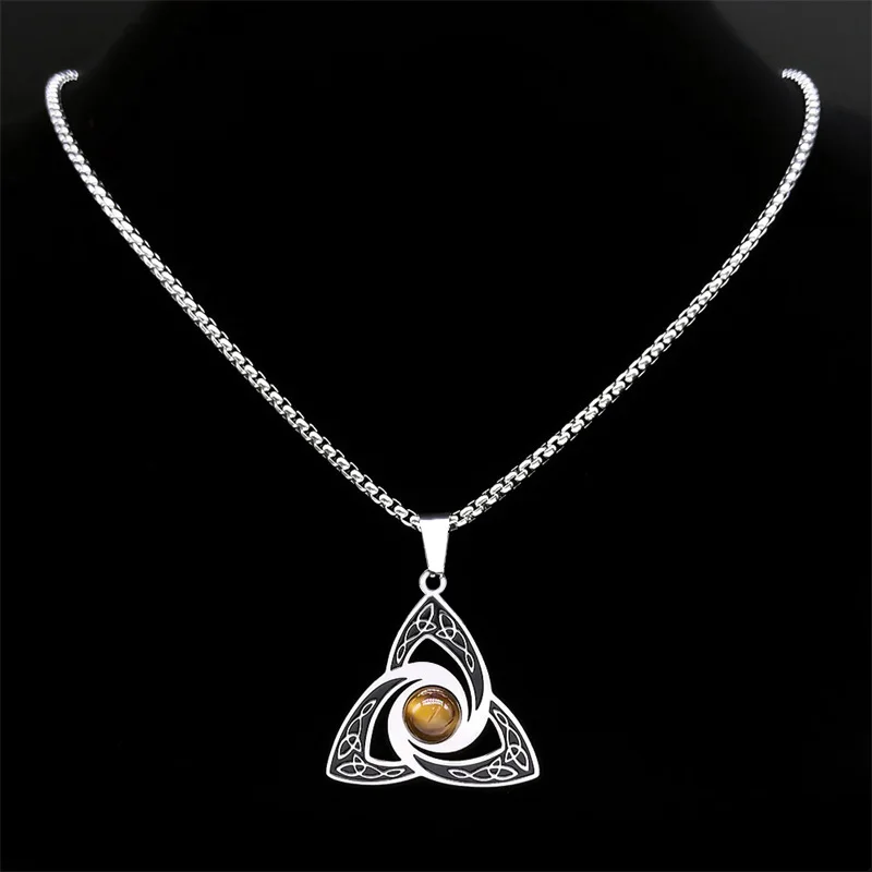 Viking Trinity Knot Necklace for Women Men Stainless Steel Tiger Eye Witch Irish Celtic Lucky Amulet Chain Jewelry N3806S02