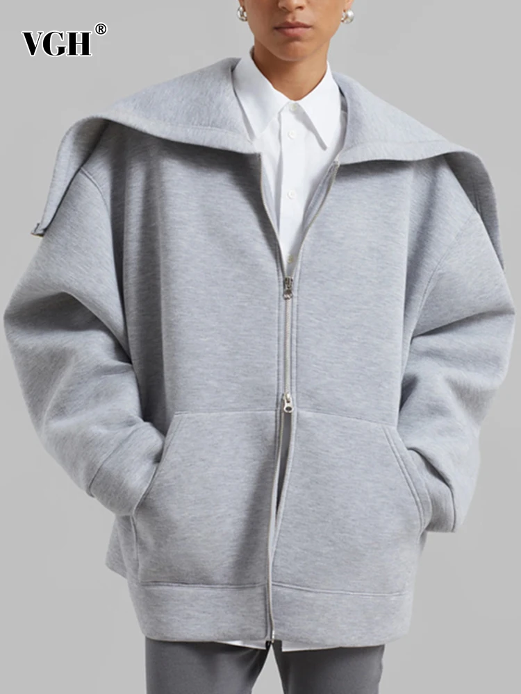 

VGH Casual Solid Patchwork Pockets Hoodies For Women Hooded Long Sleeve Spliced Zipper Loose Minimalist Sweatshirt Female Style