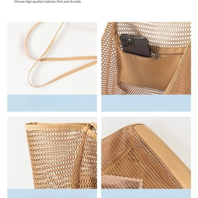 Large Mesh Beach Bag Foldable Travel Tote with Zipper Lightweight Shoulder Beach Bag for Swimming Vacation Summer Outdoor