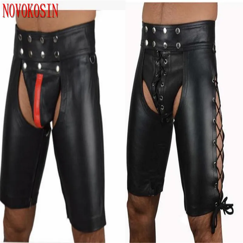 S-2XL New Buckle Hot Black Mens PVC Bandage Open Cortch Shorts Gothic Fetish Gay Men Faux Leather Jockstrap Penis Pocket Pants