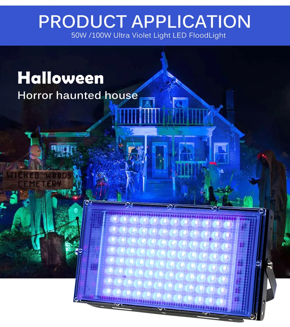 Description Picture 6 of itemUV Flood Light AC 220V Outdoor Floodlight 395nm 400nm Ultraviolet Fluorescent Stage Lamp With EU Plug Party Blacklight 50W 100W