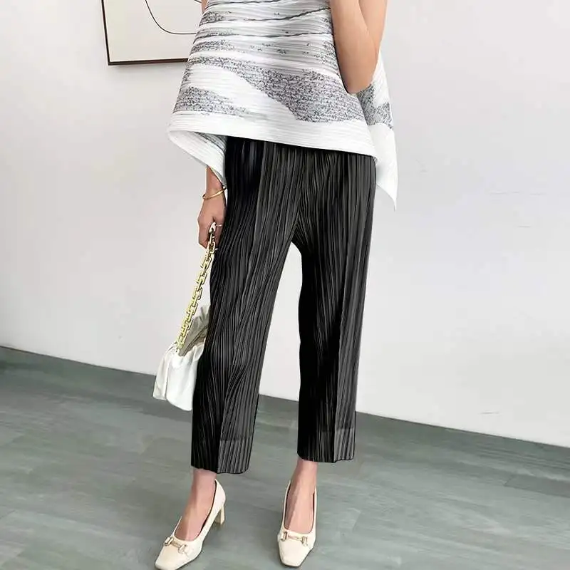 

Miyake pleated fashion new cropped trousers solid color, large size, slim fit, urban casual pants, split pants, women's pants