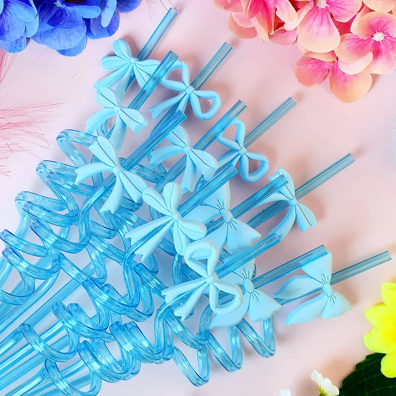 Reusable Blue Bow-Themed Spiral Straws - Set of 16 for Parties and Celebrations