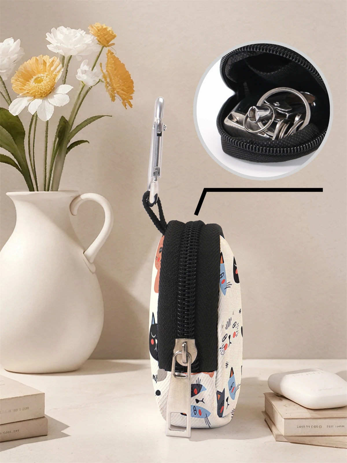Cat pattern printed mini wallet, zipper change bag with hook clip, headphone key bag, suitable for men and women