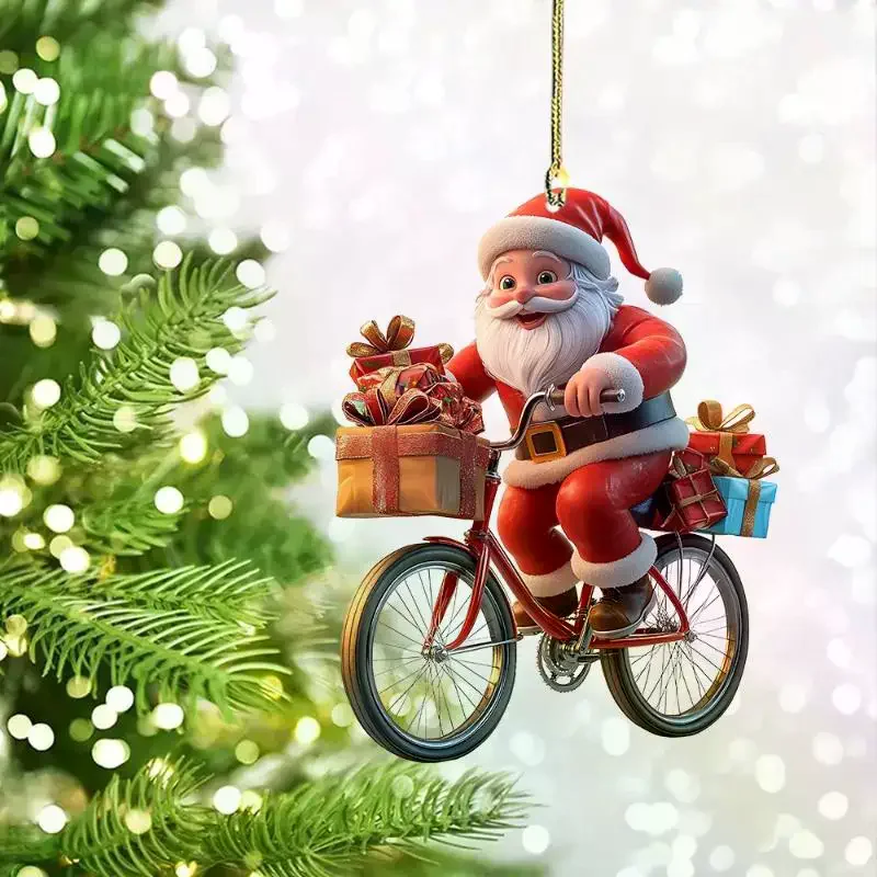 2d Acrylic Winter Decorative Hanging Cartoon Santa Claus Bicycle Gifts Christmas Pendants Christmas Tree Decoration
