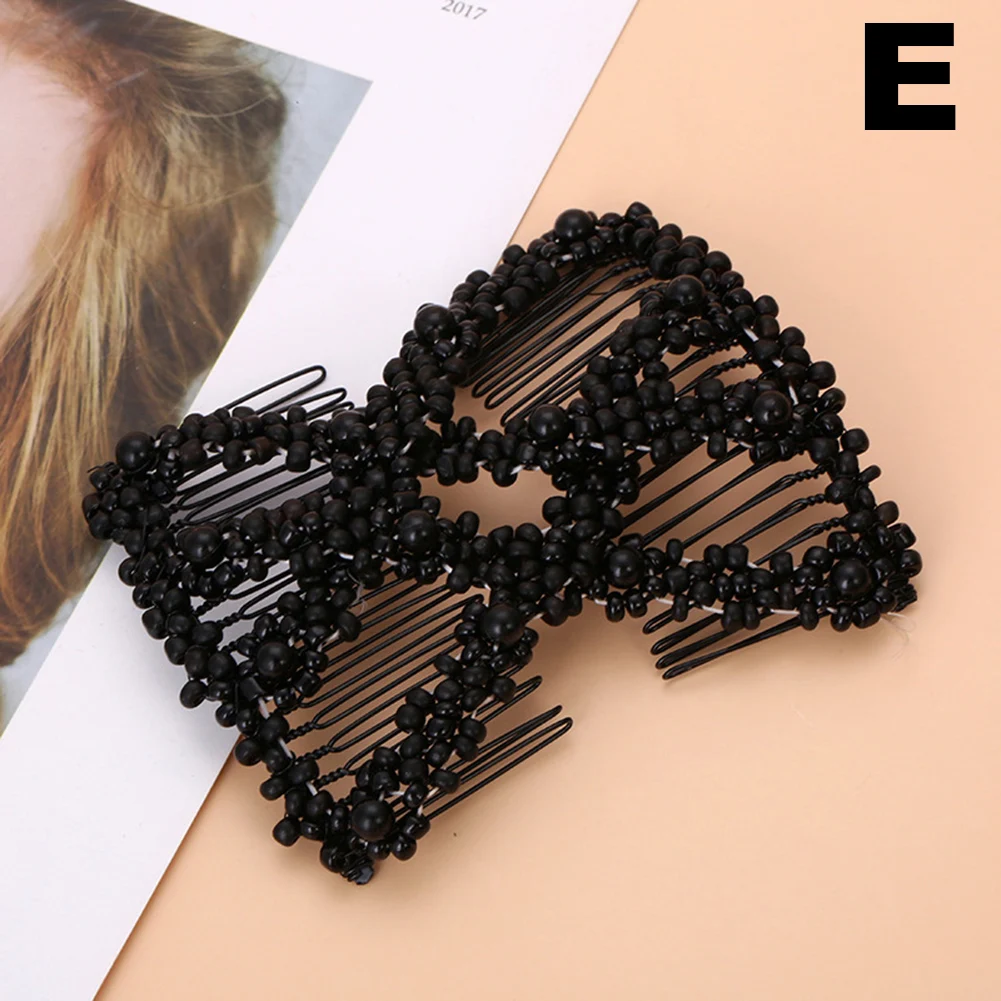 Women Hair Hairpin Magic Twist Rhombus Beads Hair Side Combs Pearl Stretchy Beaded Hairpin Bow Double Stretching Hairstyle Clip