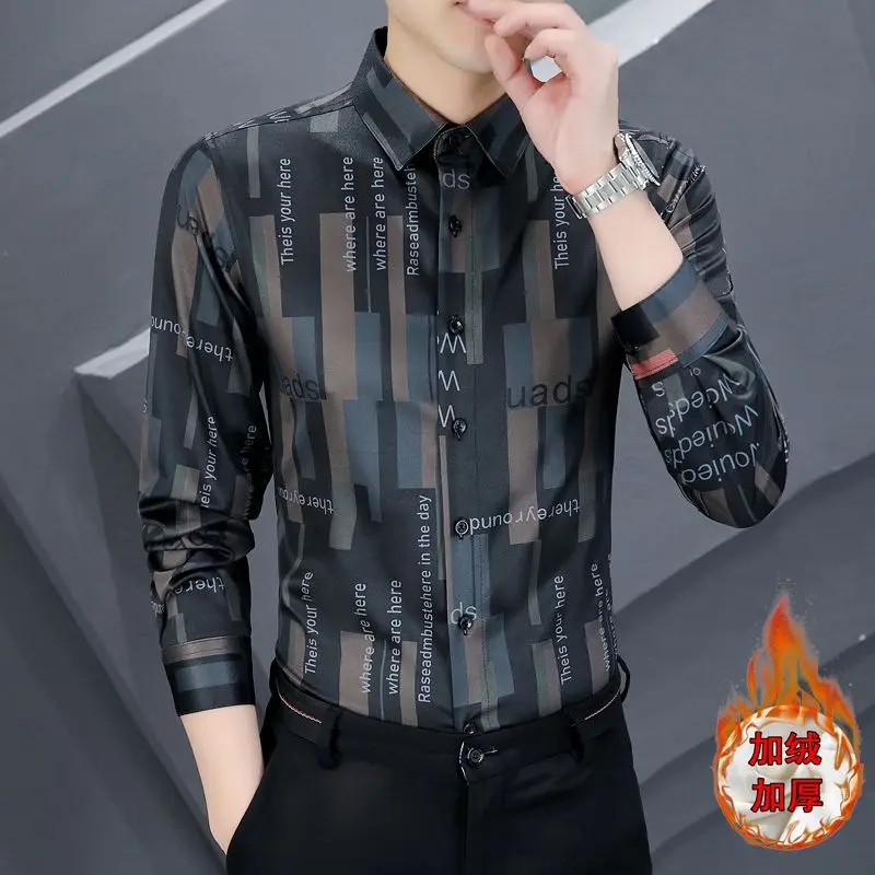 

Autumn Winter New Printing Fashion Long Sleeve Shirt Man High Street Casual Slim Plus Velvet Warm Button England Office Cardigan