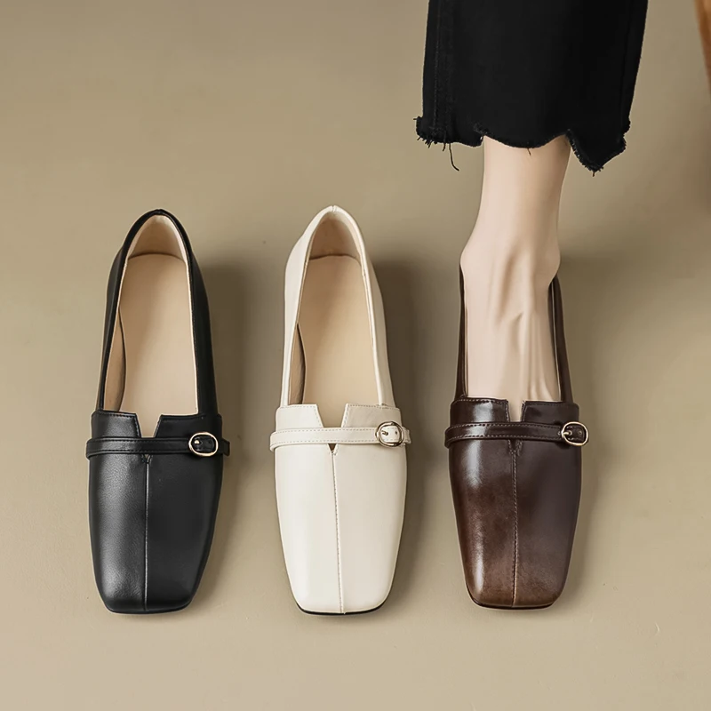 Spring New Square Toe Women's Loafers Shoes Metal Buckle Decorated Low Heels Shoes Women's Leather Shallow Commuting Daily Shoes