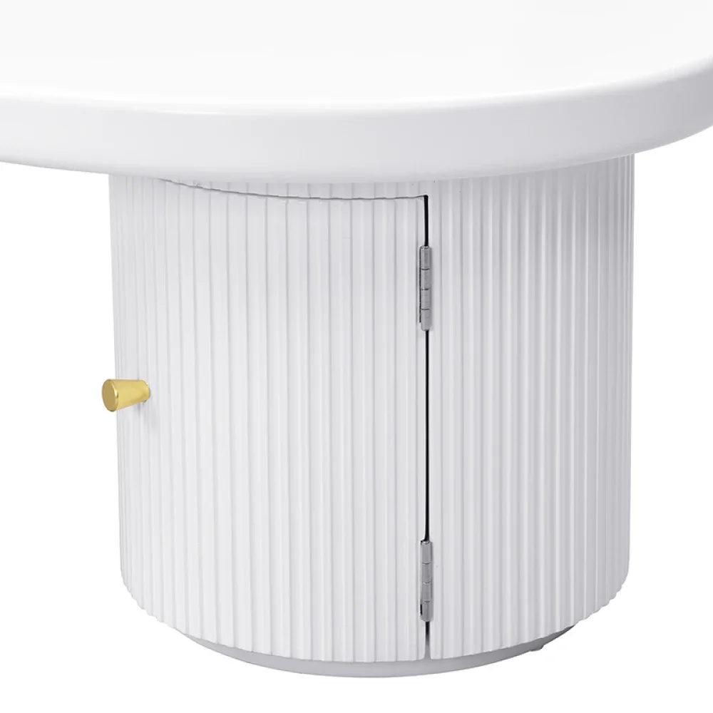 Moderner, weißer, unregelmäßig geformter Couchtisch mit 2 integrierten Schubladen – platzsparende und stilvolle, elegante Wohnmöbel für den täglichen Gebrauch – Detail 38