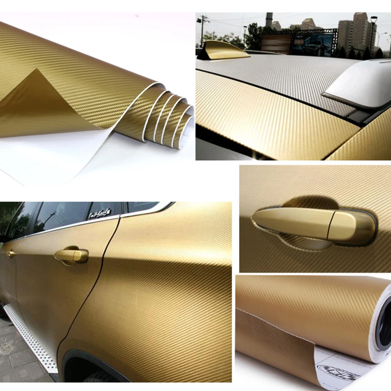 

15"x60" Gold 3D Carbon Fiber Golden Wrap Vinyl Covering Film Sticker Decal Roll Sheet w/ Air Bubble Free 38x150cm