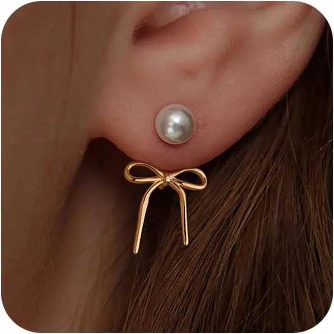 Pearl Earrings for Women Trendy 14K Gold Plated/Silver Bow Pearl Huggie Ear Jackets Cubic Zirconia Jewelry Gifts for Teen Girls